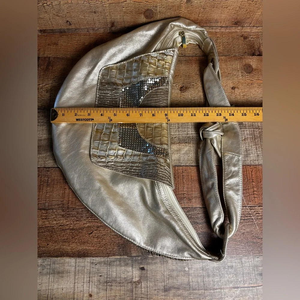 Treesje Y2K Hobo Leather Handbag Metallic Gold Croc Snake Patch Zip Shoulder Bag